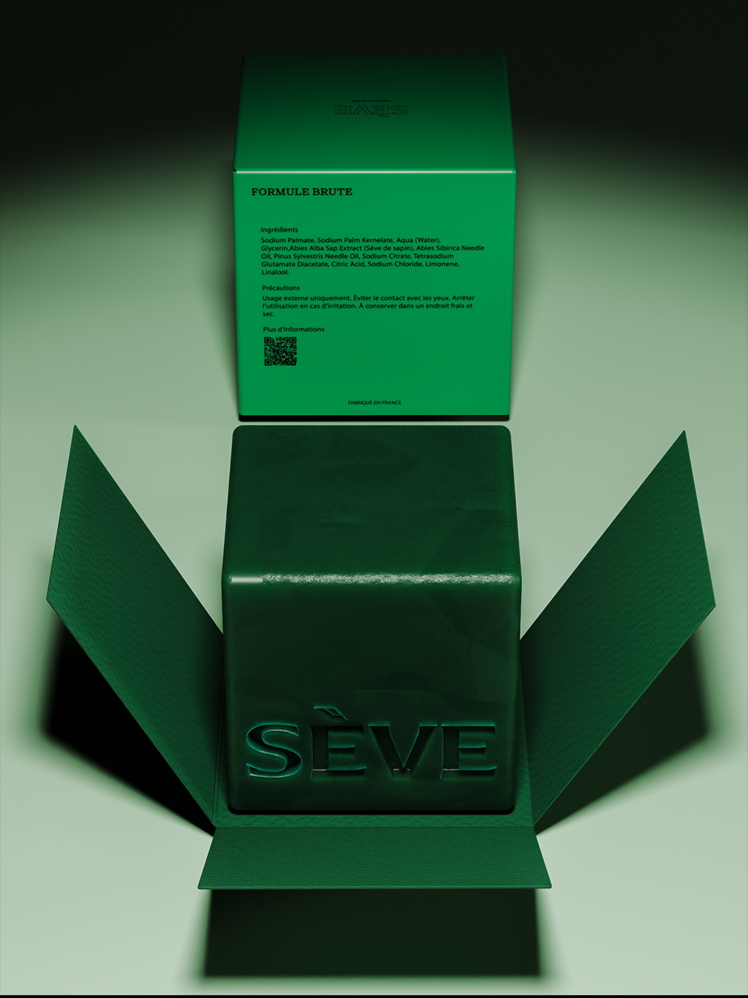 Green Sève embossed soap bar resting in an unfolded green cardboard packaging box next to a closed product carton.