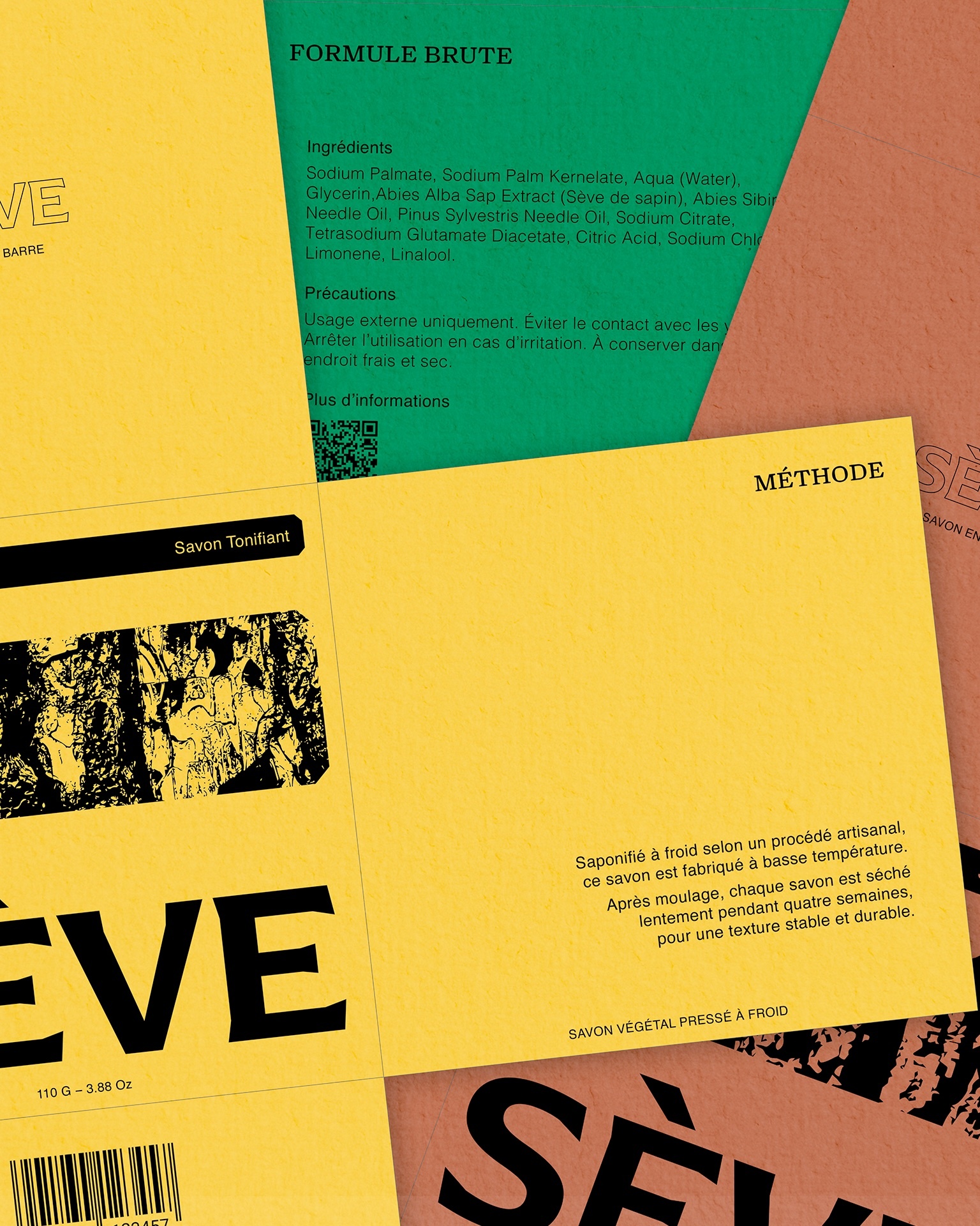 Colorful printed paper packaging designs for Sève soap brand featuring yellow, green, and terracotta layouts with typography.