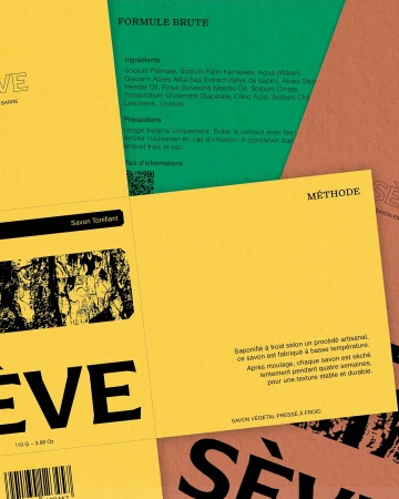 Colorful printed paper packaging designs for Sève soap brand featuring yellow, green, and terracotta layouts with typography.