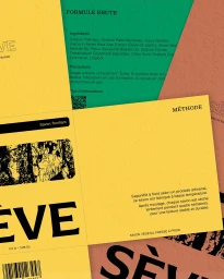 Colorful printed paper packaging designs for Sève soap brand featuring yellow, green, and terracotta layouts with typography.