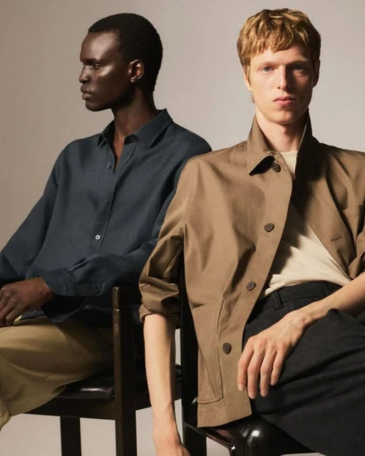 Two men in casual fashion, one African-American in a dark shirt, one fair-skinned in a tan jacket, sitting in a studio, neutral background.