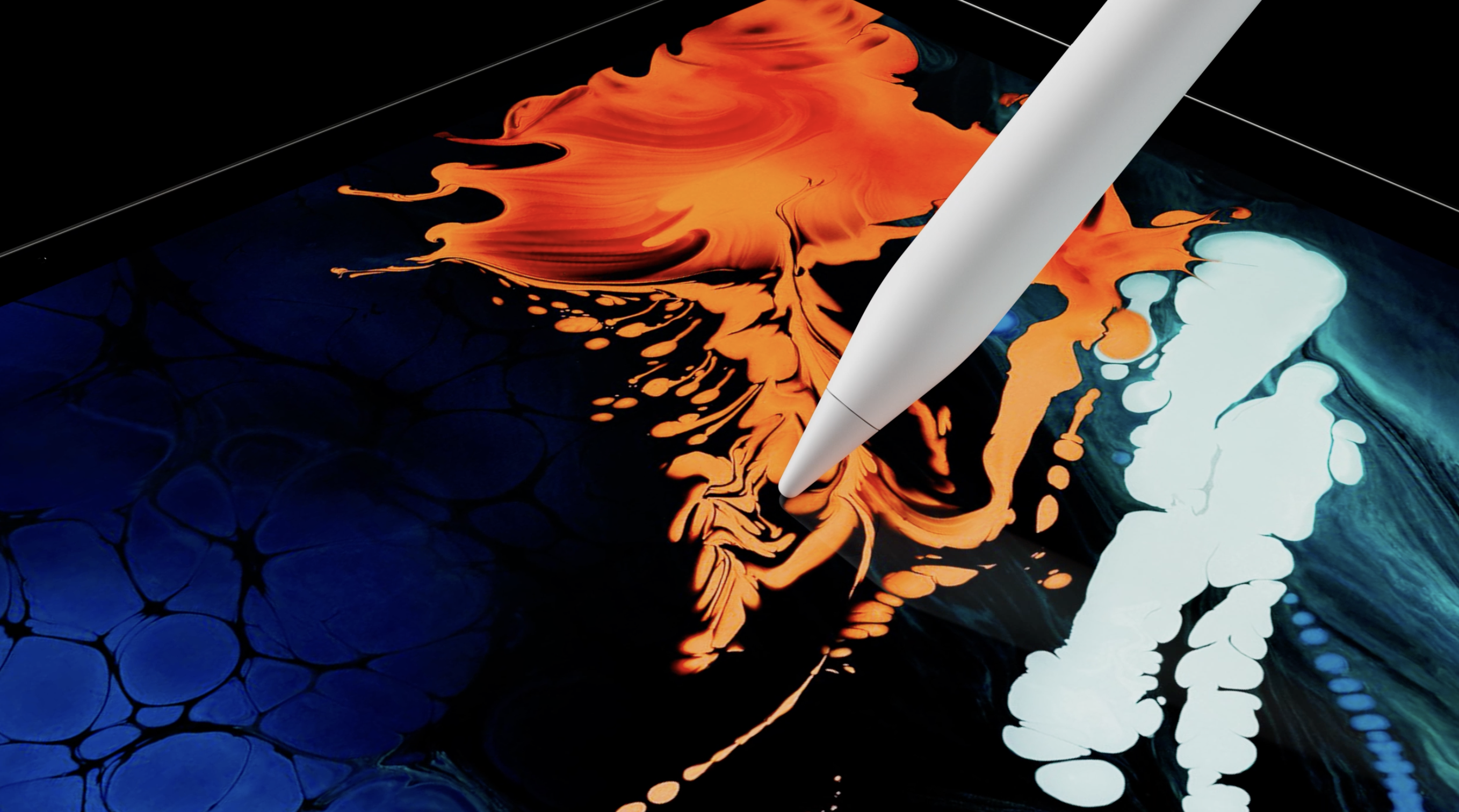 White digital stylus pen drawing vibrant orange and blue fluid art on a tablet screen against a black background.