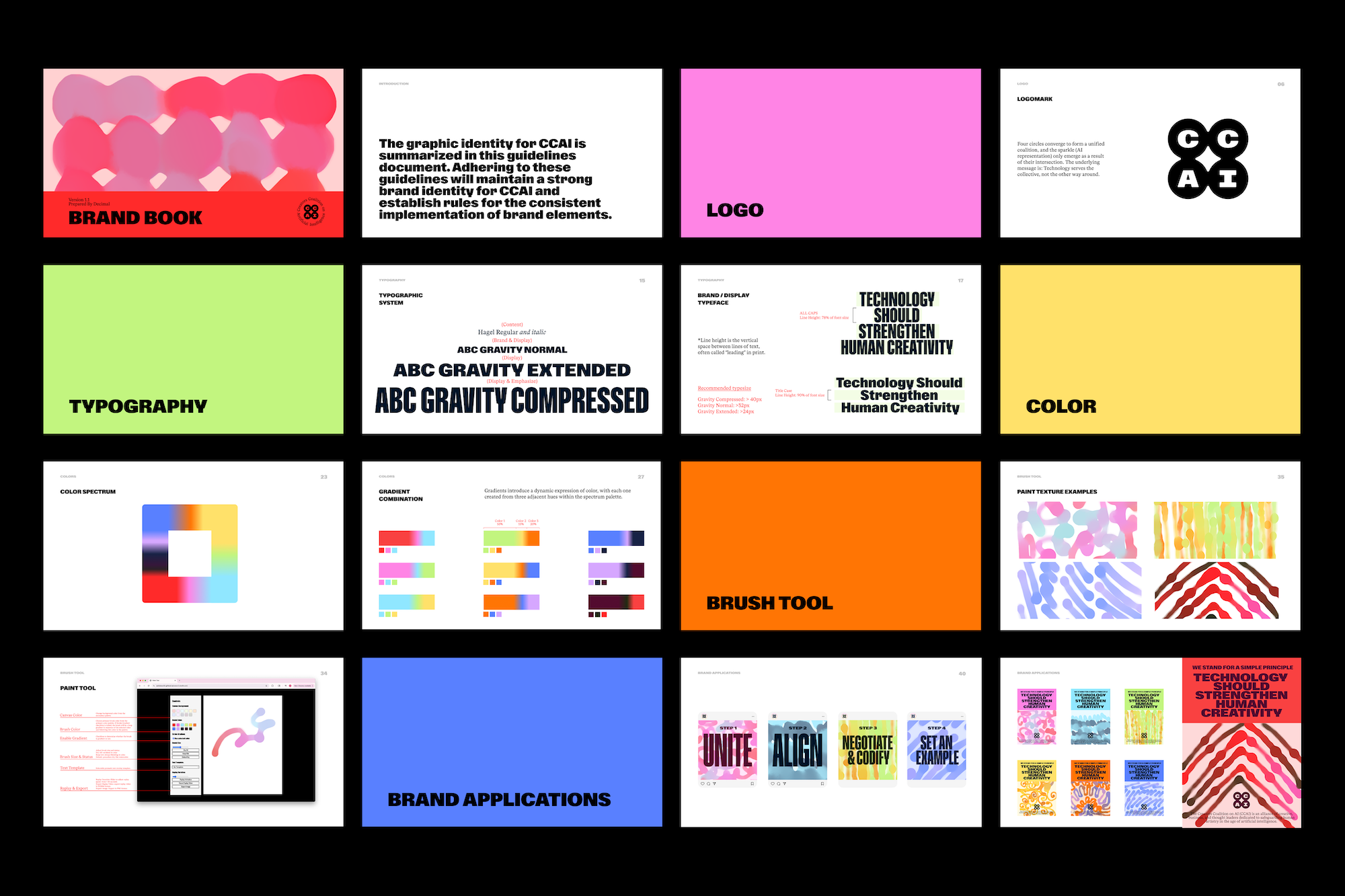 A sixteen-slide presentation grid displaying the colorful CCAI brand guidelines book, typography systems, color spectrum, and posters.