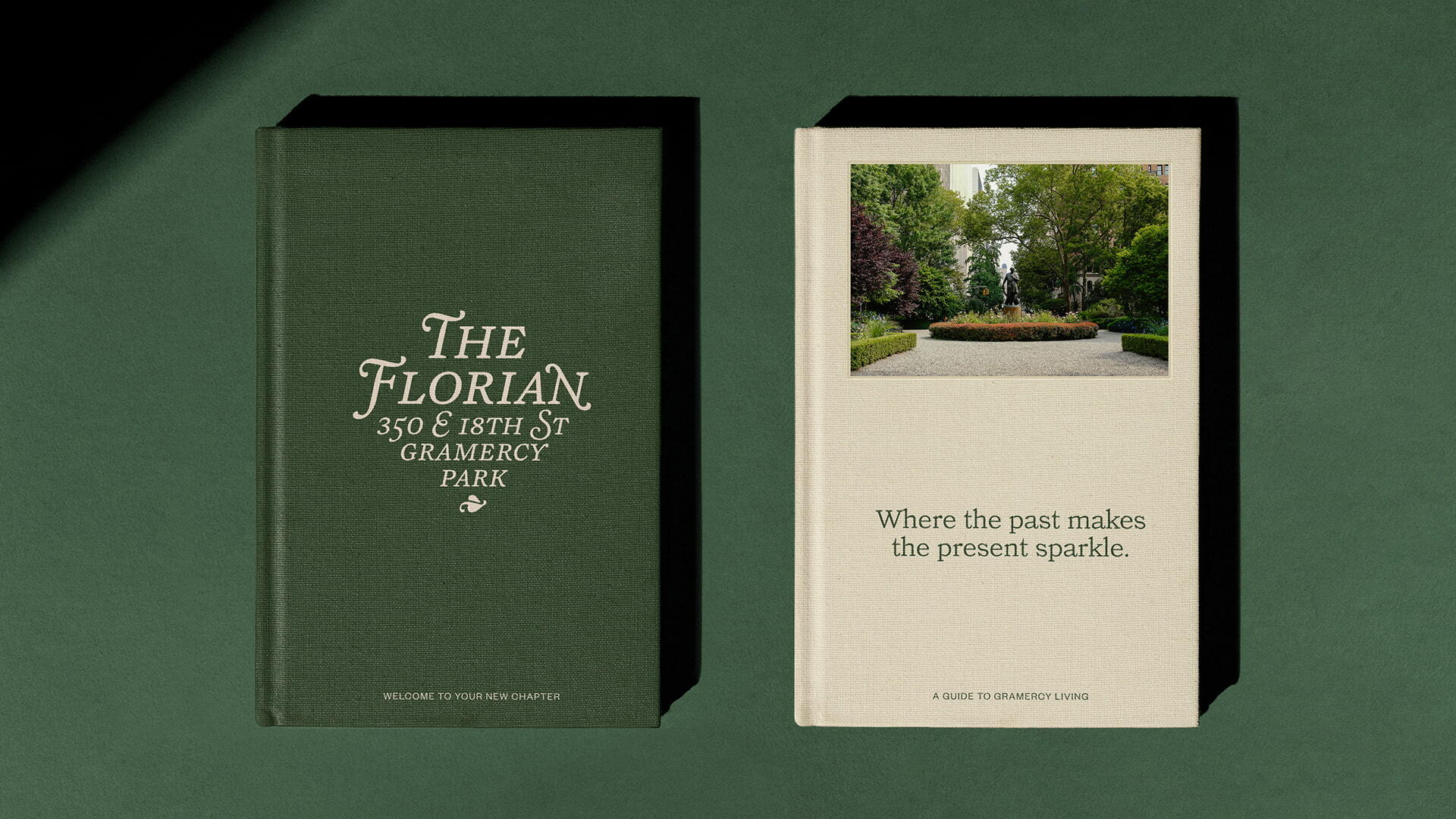 Two hardcover books with dark green and cream linen covers titled The Florian placed against a dark green backdrop.