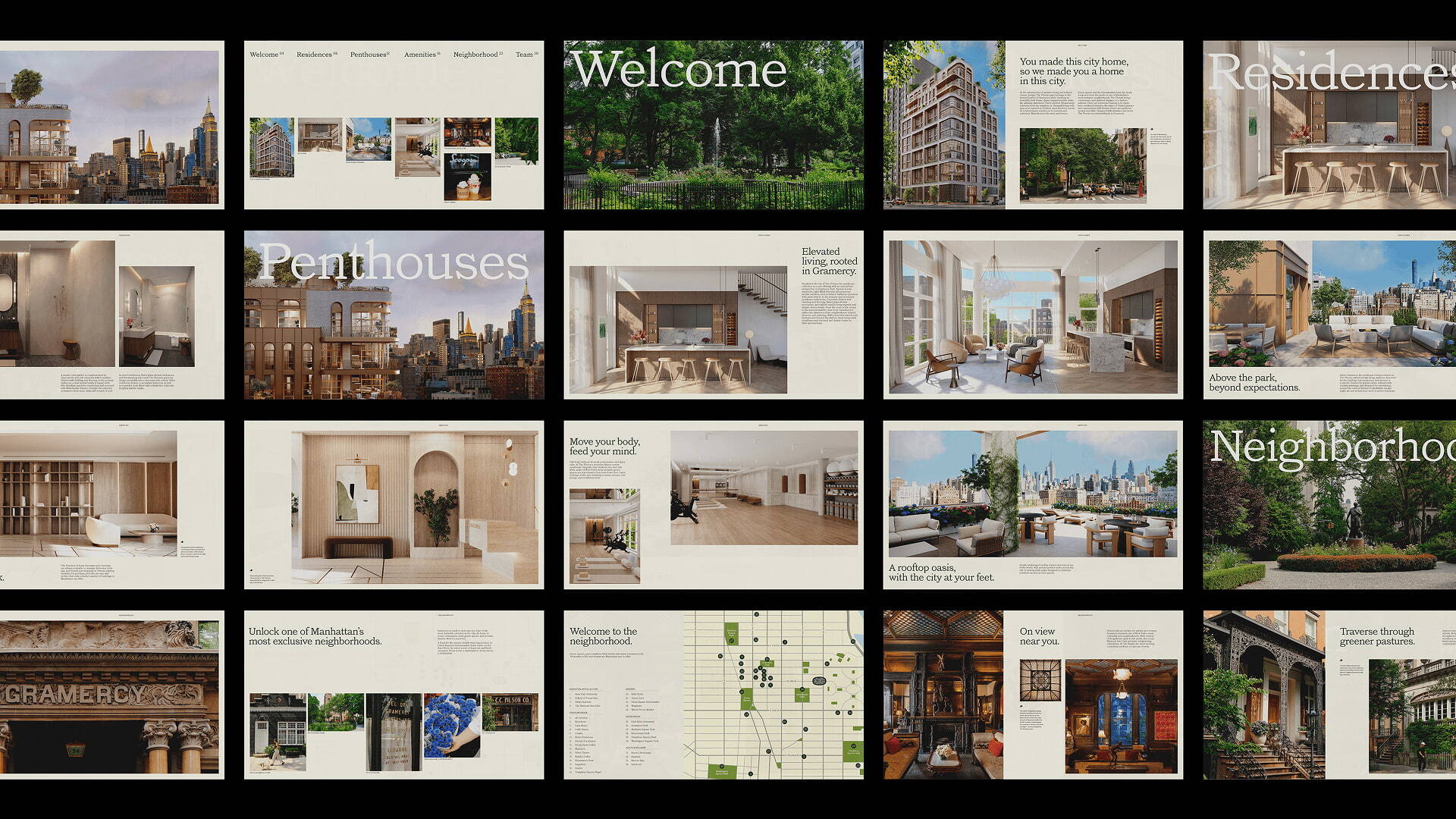 Collage of real estate advertisements featuring architectural exteriors and interiors, cityscapes, and park views with text overlays.