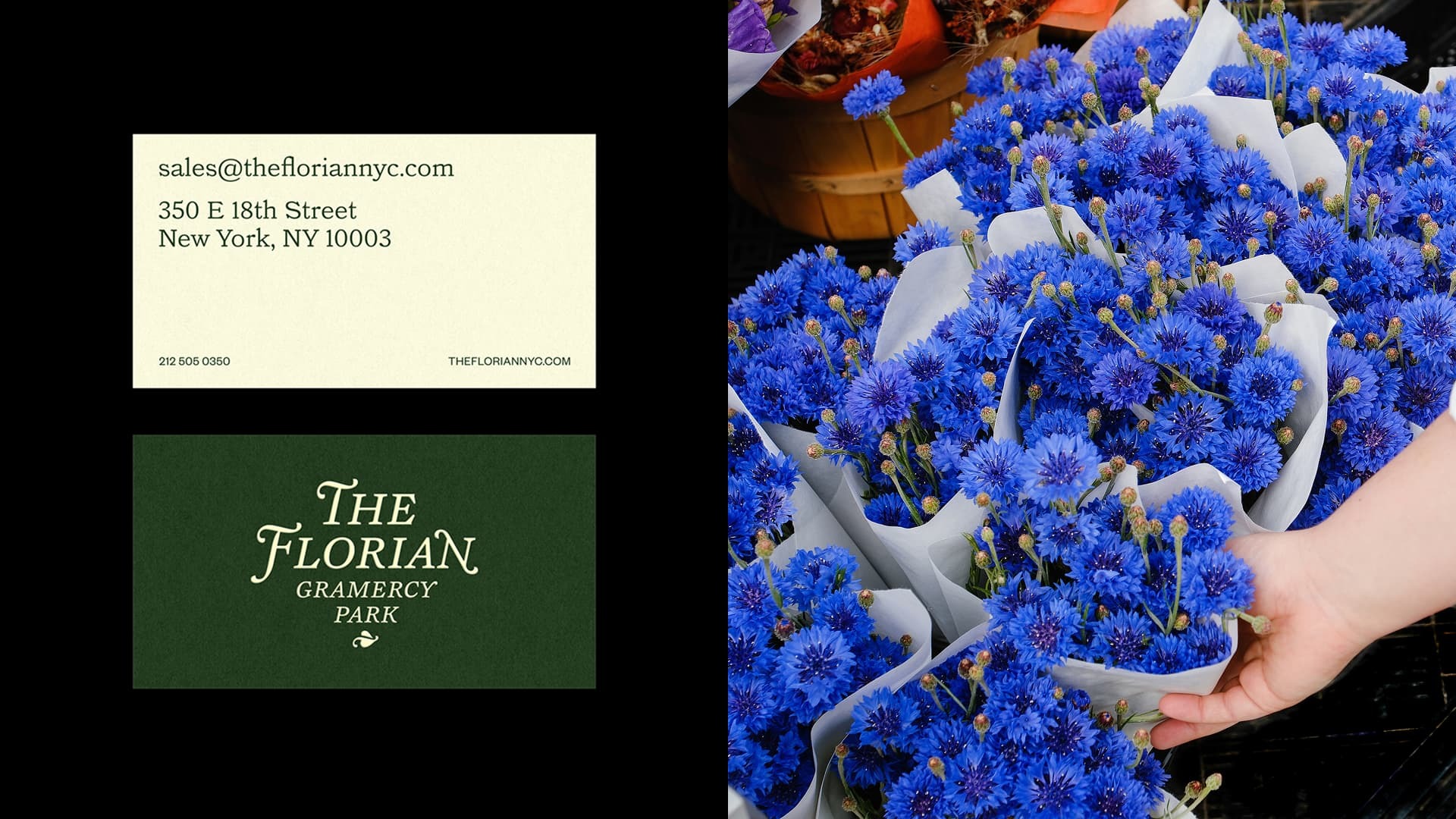 The Florian brand identity featuring green and cream business cards alongside vibrant blue cornflower bouquets wrapped in white paper.