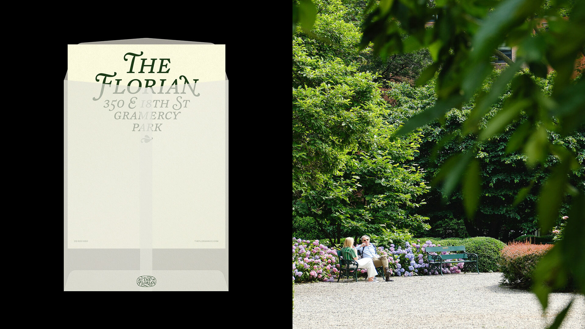 The Florian brand identity stationery layout beside a photograph of two people seated on a park bench surrounded by lush greenery.