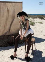 Editorial model wearing a black bicorne hat, grey vest, and white puff skirt seated on a wooden chair on a sandy beach.