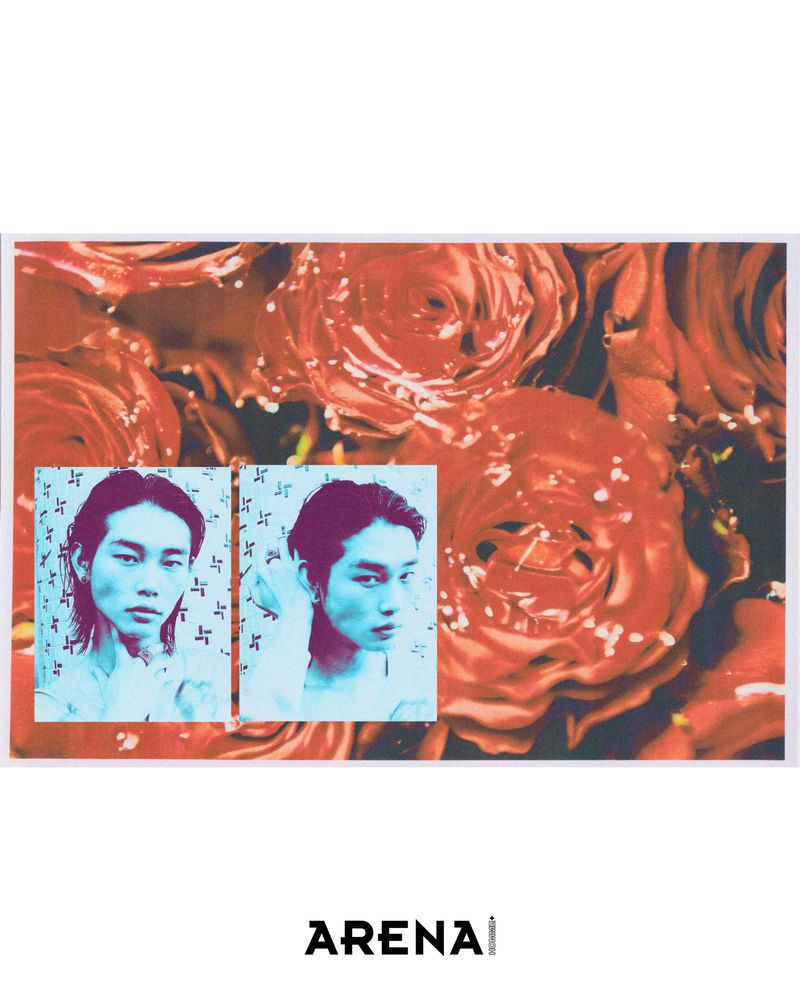 Magazine cover featuring two men's portraits in turquoise hue against a red rose floral background. "Arena" brand displayed.