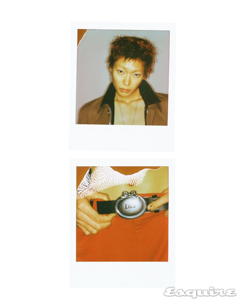 Two polaroid-style images of a young adult wearing a jacket and close up of hands adjusting a Dior belt.