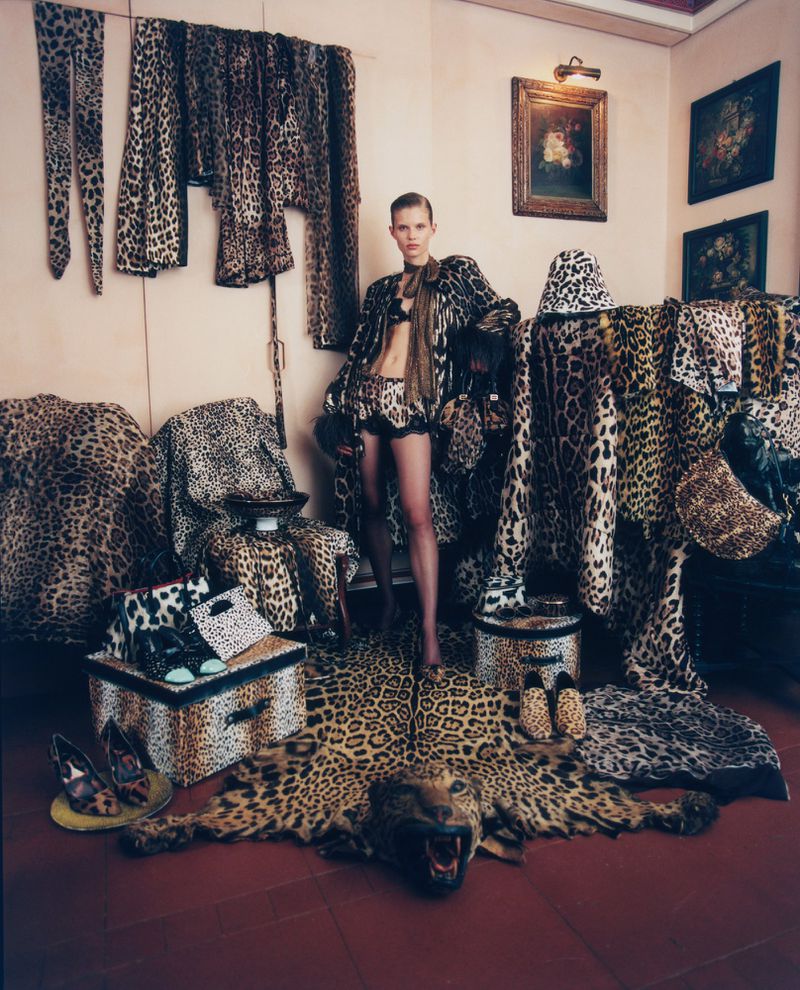 Fashionable woman poses surrounded by leopard print clothing and accessories in an indoor setting, showcasing a striking and coordinated aesthetic.