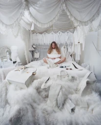 Model Ida Heiner sits cross-legged on an ornate white canopy bed surrounded by all-white clothing, handbags, and fluffy textures.