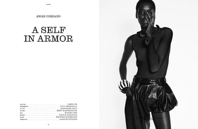 Editorial spread with model Awar Odhiang in a black mesh top and leather shorts beside typography titled A Self In Armor.