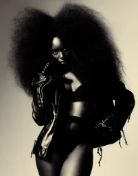 Model Mameanta Wade with voluminous hair wearing a black leather jacket and lingerie against a neutral studio backdrop.