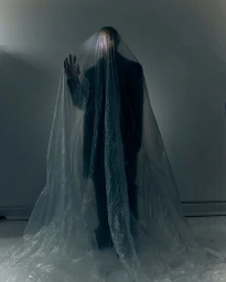 James Massiah standing draped entirely beneath a large translucent plastic sheet with one hand raised in a dim studio.