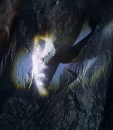 Portrait of James Massiah illuminated with focused dramatic light and viewed through crinkled dark plastic texture.