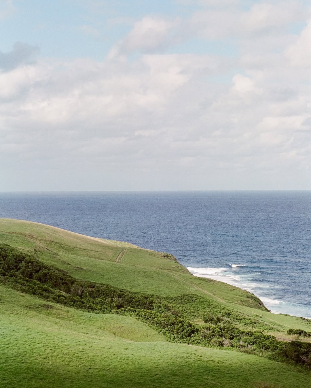 Vast ocean meets a green, grassy hillside under a partly cloudy sky, creating a tranquil coastal landscape.