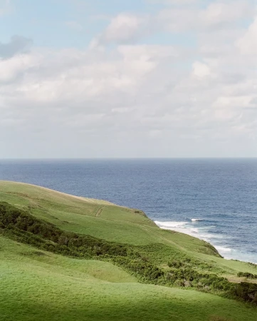 Vast ocean meets a green, grassy hillside under a partly cloudy sky, creating a tranquil coastal landscape.