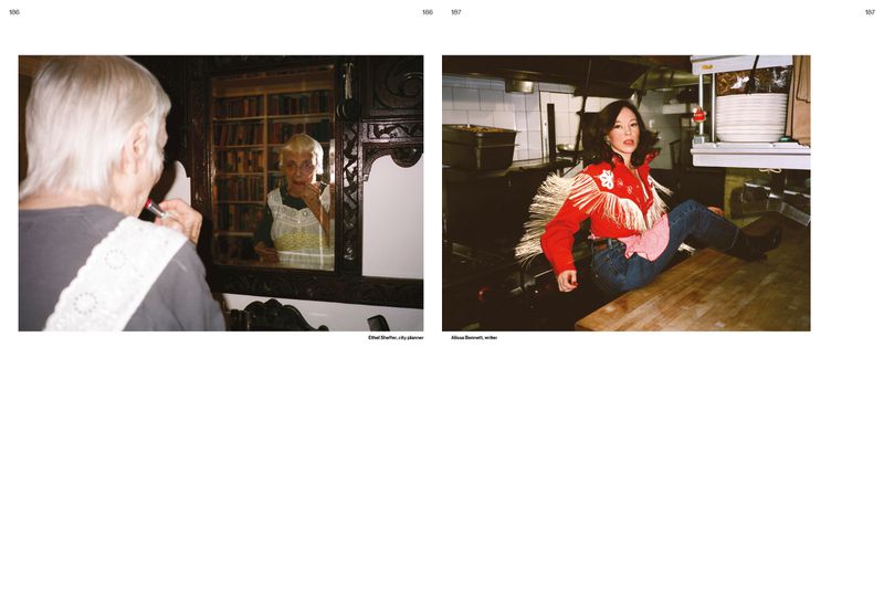 Editorial magazine spread showing two portraits: a woman looking into an ornate mirror and a woman in a red fringed western shirt.