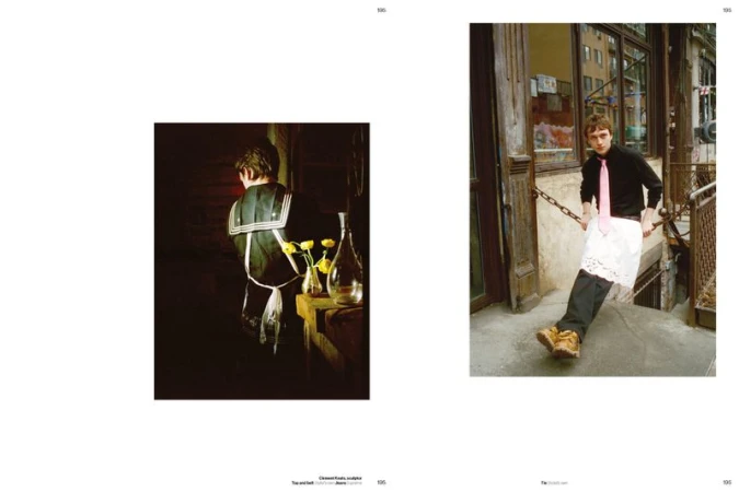 Magazine spread showing two editorial photos featuring men styled in aprons, one indoors from behind and one outdoors in a pink tie.