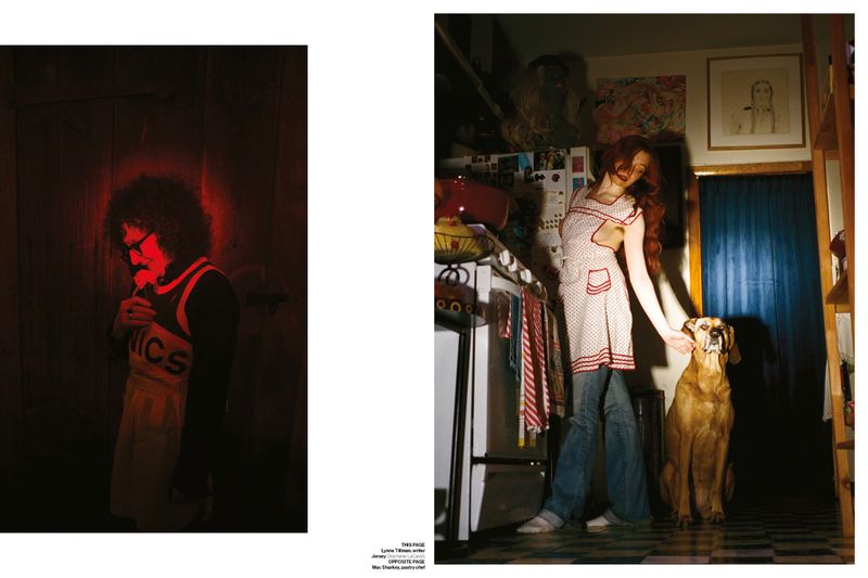 Spreading page editorial featuring a red-haired woman in a patterned apron touching a dog in a kitchen and a person standing in red light