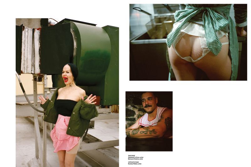Magazine editorial spread featuring Kembra Pfahler posing by industrial vents and supporting vignette portraits wearing aprons.