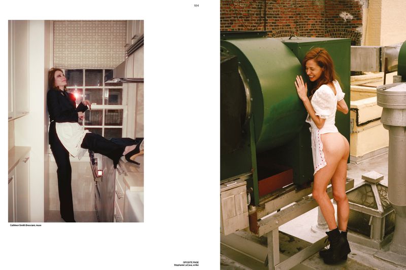 Magazine editorial spread featuring a woman in a black suit and white apron in a kitchen beside a woman in a white apron on a rooftop.