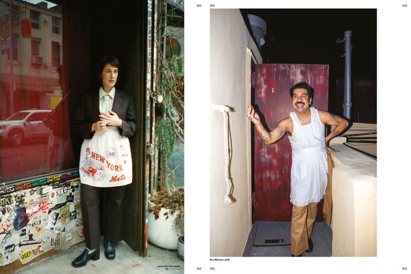 Two-panel fashion editorial featuring a woman in a suit and apron in a doorway and a smiling man in a white apron on a terrace.