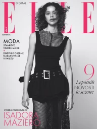 Model Isadora Maziero poses in a layered black outfit with a wide grommet belt on the Elle Slovenia digital magazine cover.