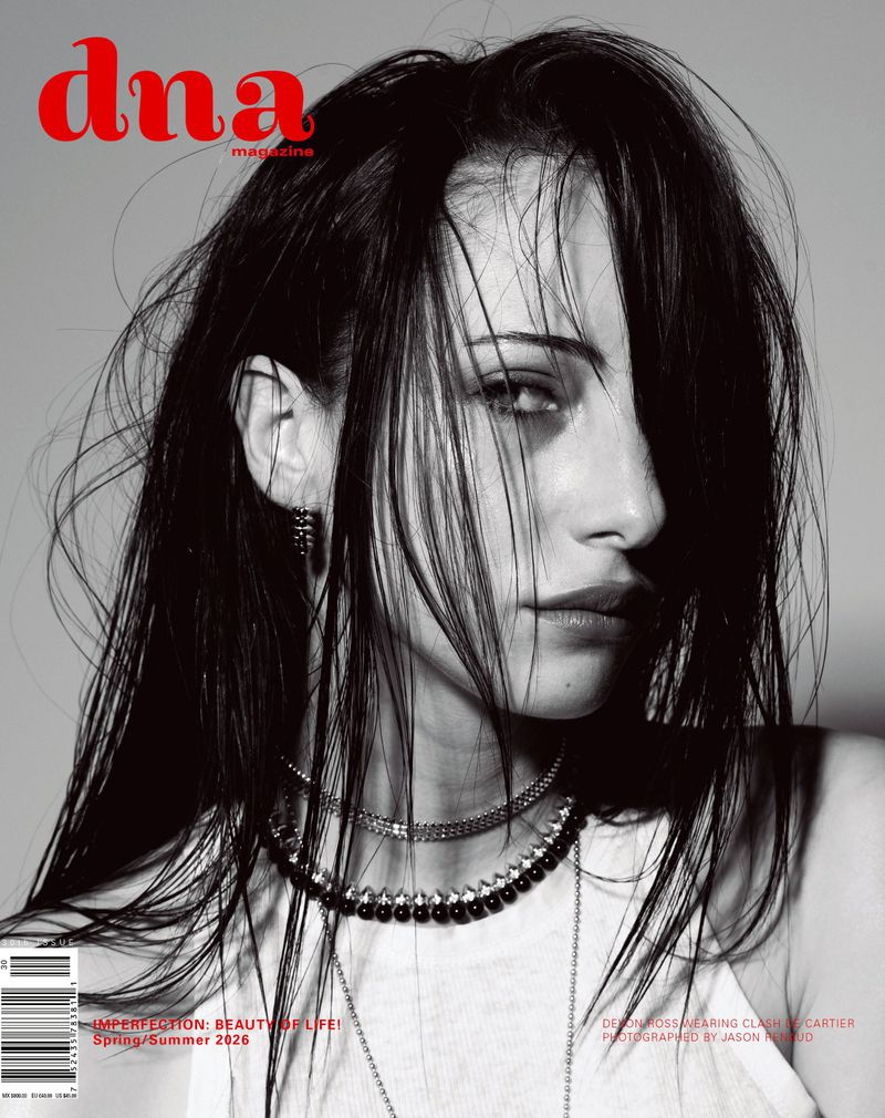 Model Devon Ross in layered necklaces and white tank top on the black and white cover of DNA Magazine Mexico.