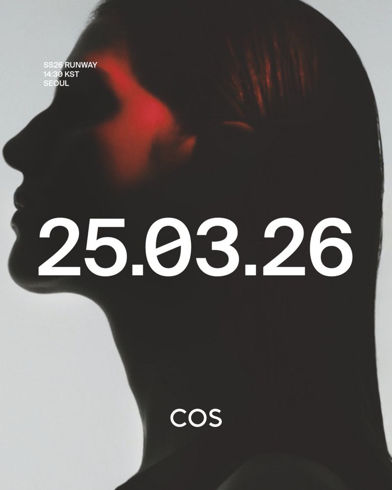 Fashion brand COS visual featuring a dark silhouette of a person's head and neck against a light background with overlaid text.
