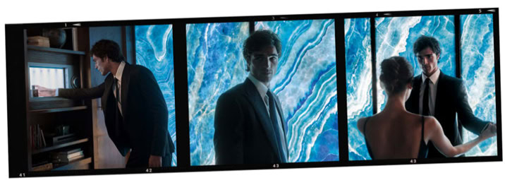 Sequential film strip with a man opening a cabinet, a portrait of a man in a suit, and a couple dancing in front of a blue backdrop.
