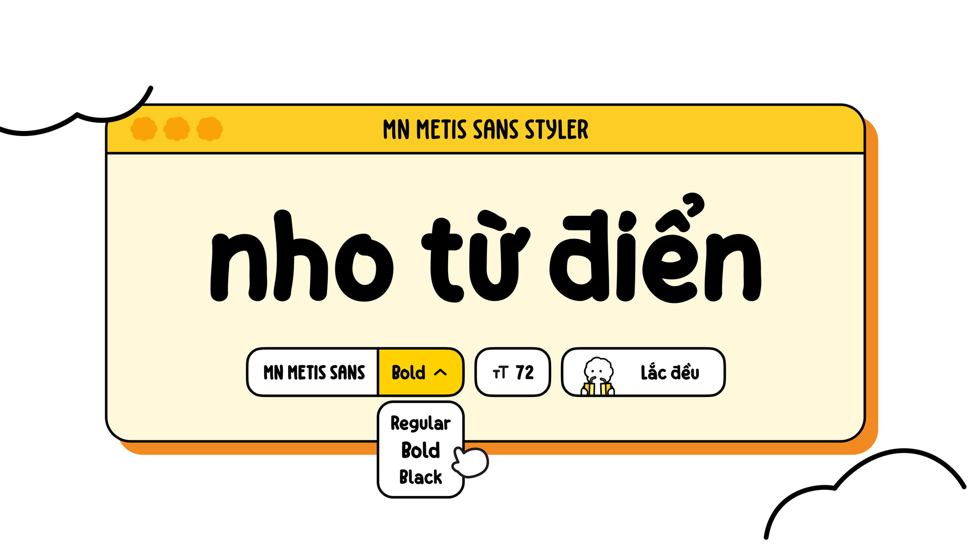 Digital interface of the MN Metis Sans Styler font tool showing custom Vietnamese typography in a yellow and cream UI frame.
