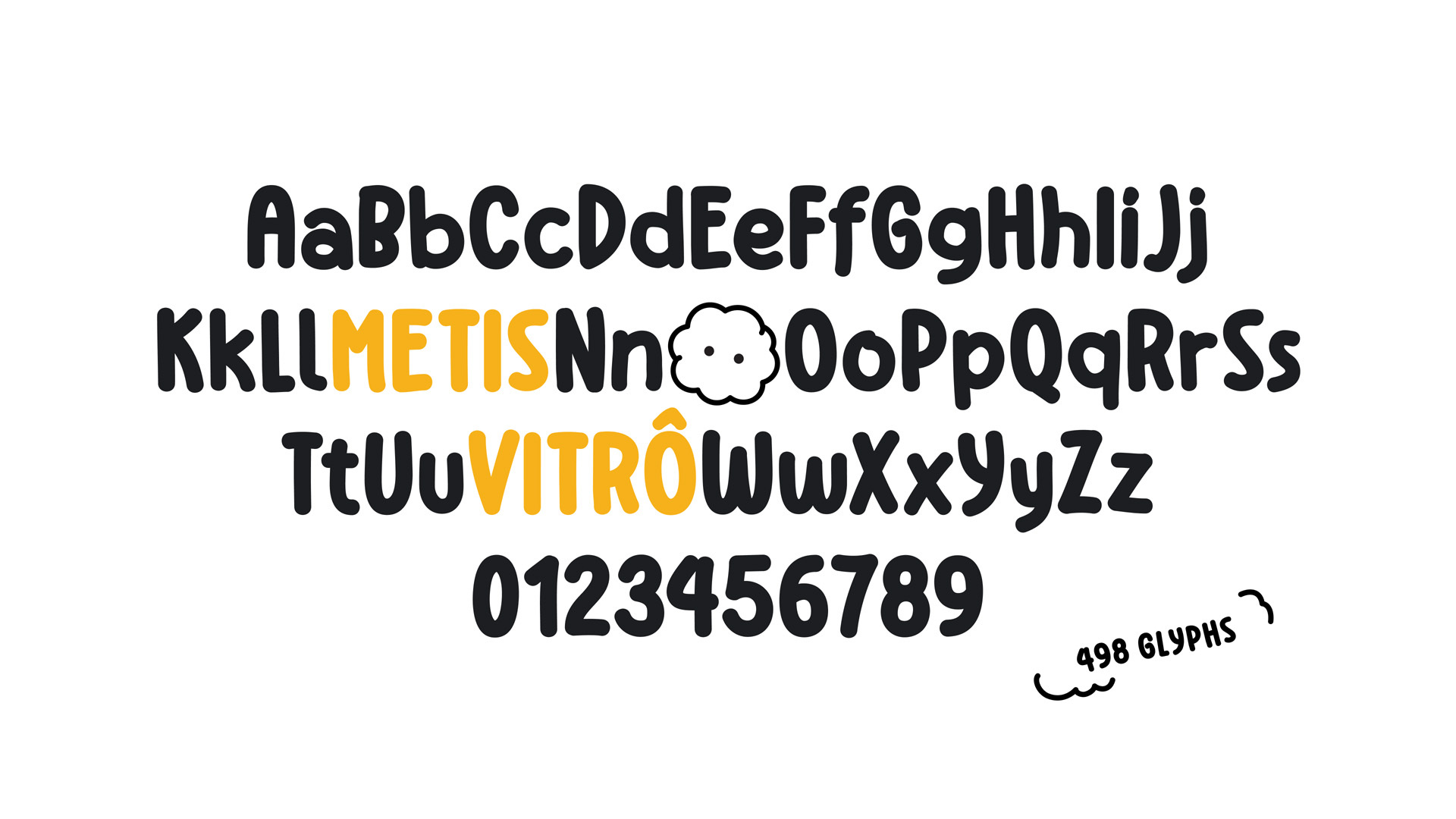 Playful custom font specimen displaying alphabet letters, numbers, and an illustrated cloud icon against a white background.