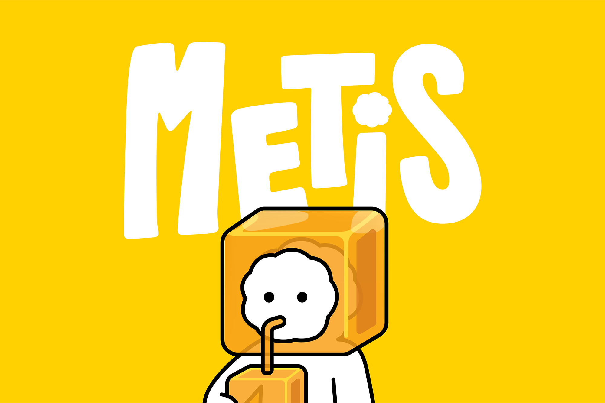 Illustrated cartoon character inside a translucent amber cube drinking with a straw beneath bold white METiS lettering on yellow.