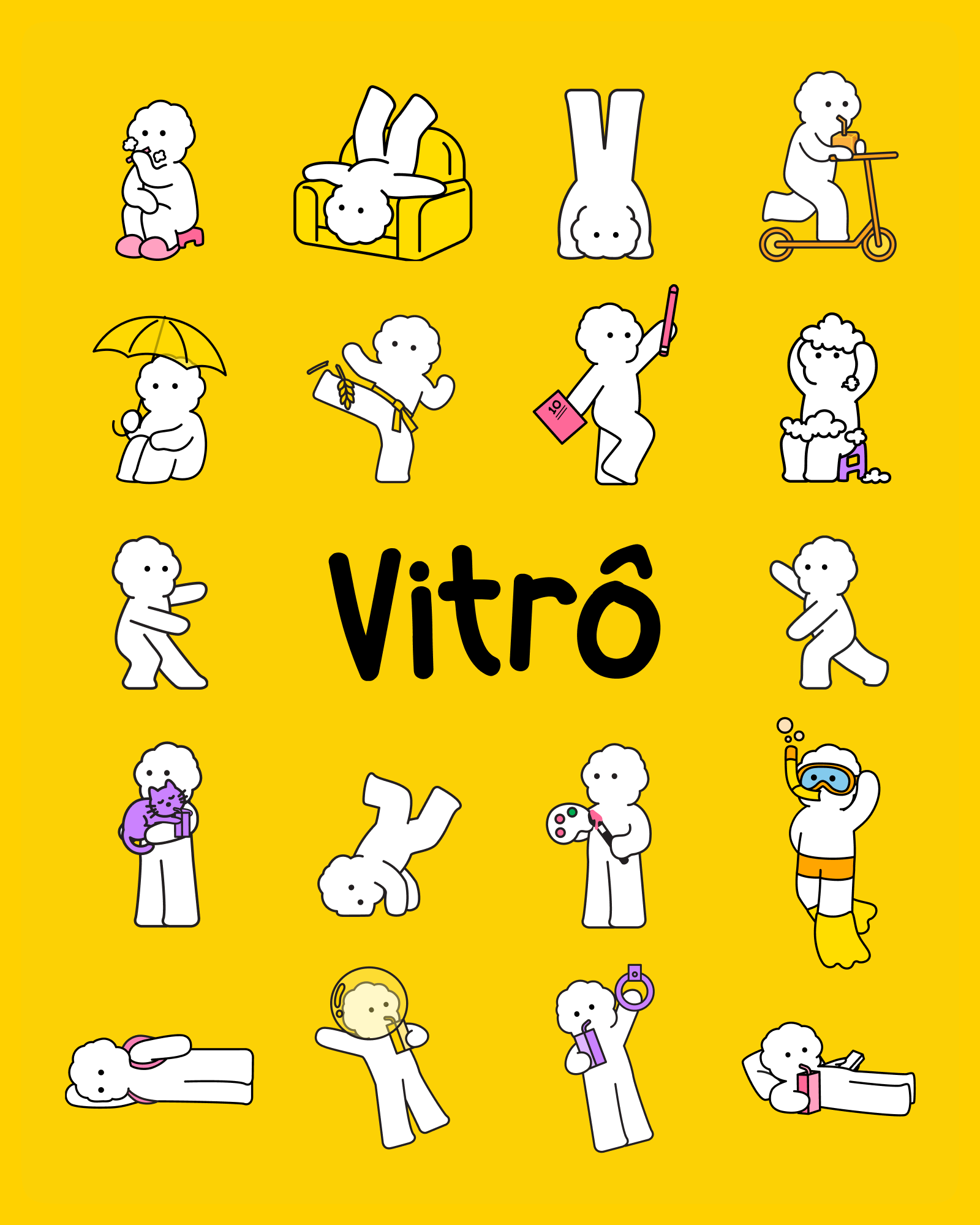 Grid of white cartoon character illustrations engaged in playful activities around the word Vitro on a vibrant yellow backdrop.