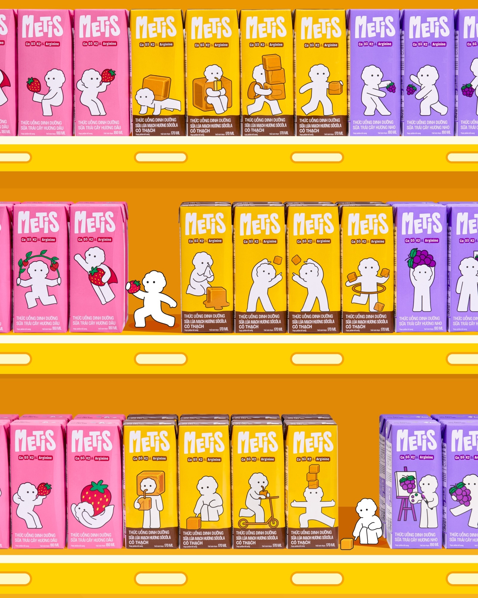 Colorful rows of Metis drink cartons in pink, yellow, and purple displayed on stylized yellow supermarket shelves.