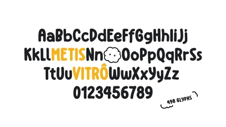 Playful custom font specimen displaying alphabet letters, numbers, and an illustrated cloud icon against a white background.