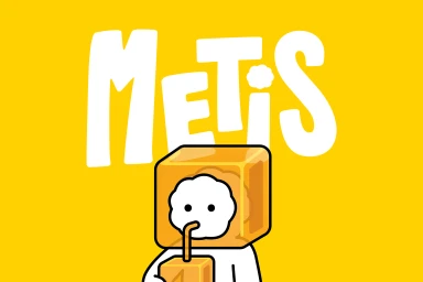 Illustrated cartoon character inside a translucent amber cube drinking with a straw beneath bold white METiS lettering on yellow.