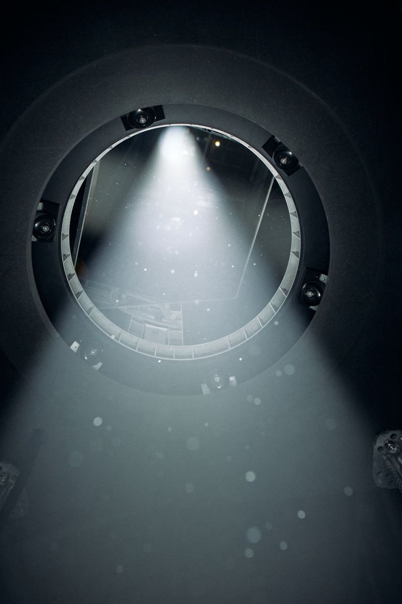 Beam of bright light shining through a circular portal or hatch in a dark industrial space with floating dust particles.