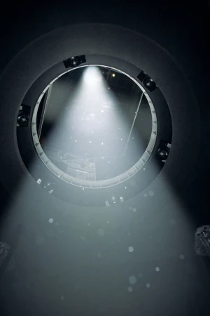 Beam of bright light shining through a circular portal or hatch in a dark industrial space with floating dust particles.