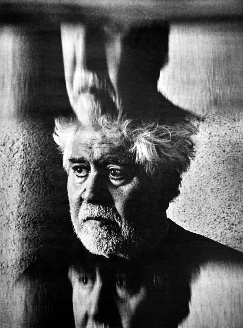 Black and white portrait of filmmaker Pedro Almodóvar featuring multiple reflected and distorted exposures of his face.