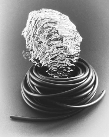 Chrome metallic textured sculpted head form resting inside a coil of black rubber tubing on a dark studio surface.
