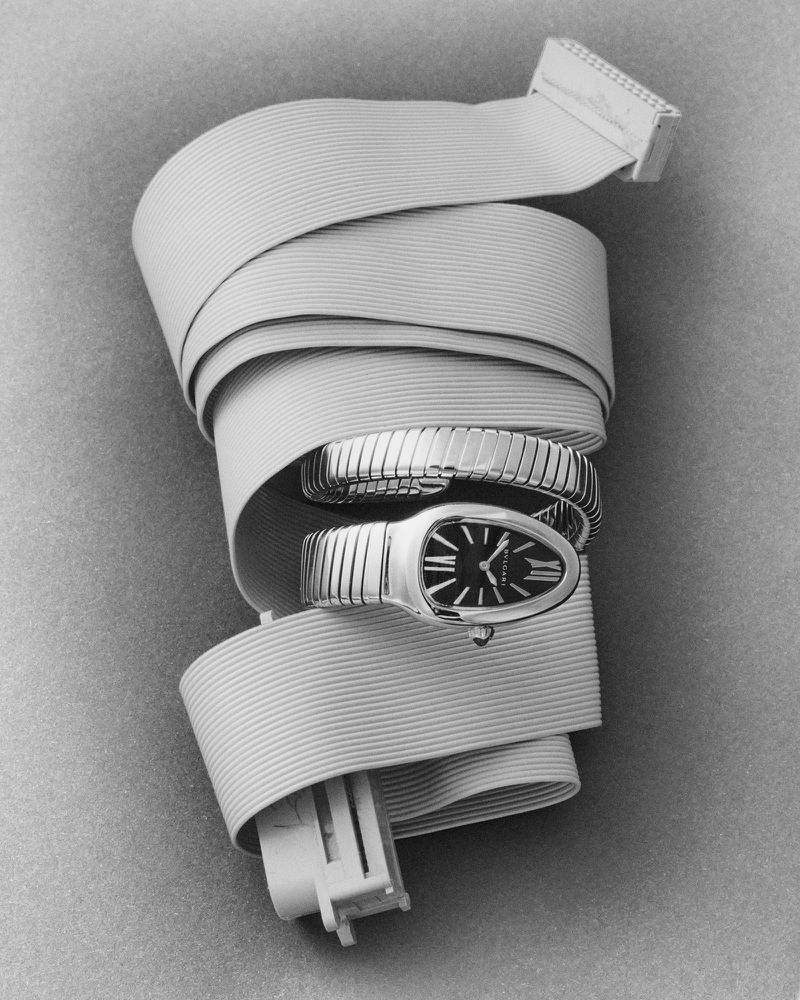 Silver serpent-style watch coiled around a folded grey ribbon cable on a textured surface in monochrome.