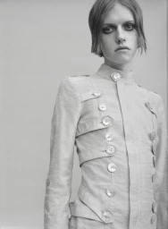 Black and white portrait of a model wearing a high-collar structured jacket with horizontal button straps against a seamless backdrop.