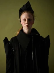 Woman with dramatic blush and a sculptural black headpiece wearing a structured black coat against an olive green backdrop.