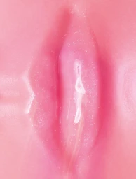 Macro vertical close-up of glossy pink lips coated in shimmering lip gloss with subtle white light reflections.
