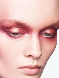 Close-up beauty portrait of a model featuring vibrant pink and rose shimmer eyeshadow blended around both eyes and across the nose bridge.