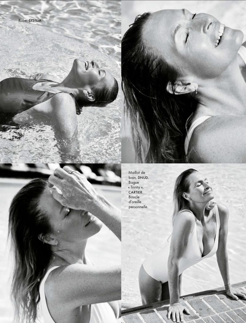 Black and white editorial grid featuring model Estelle Lefébure posing in and by an outdoor swimming pool in a one-piece swimsuit.