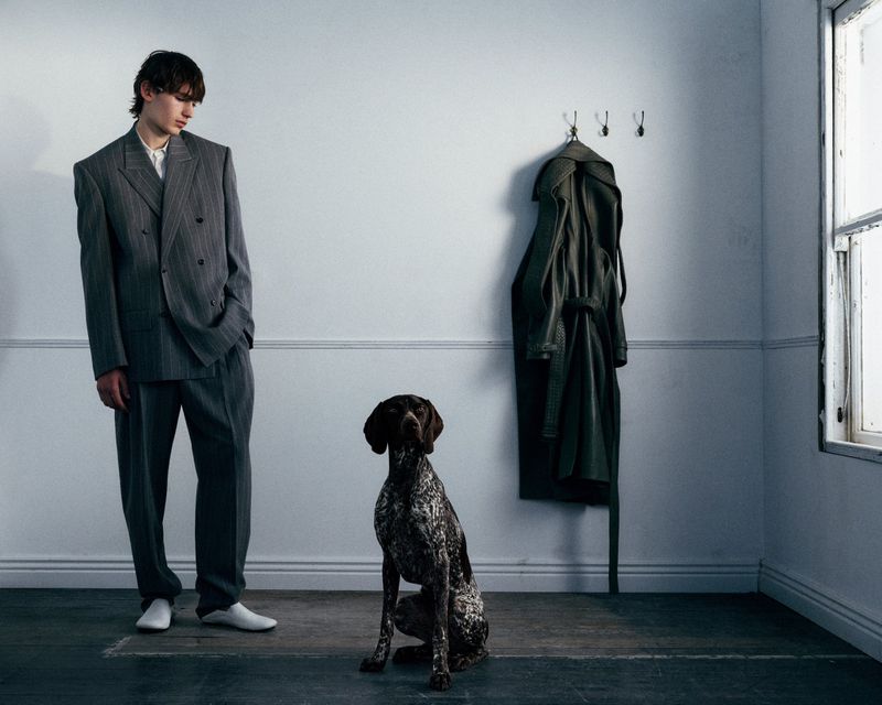 Model Noah Bates standing in a grey pinstripe suit looking down at a spotted hunting dog sitting on a dark floor.